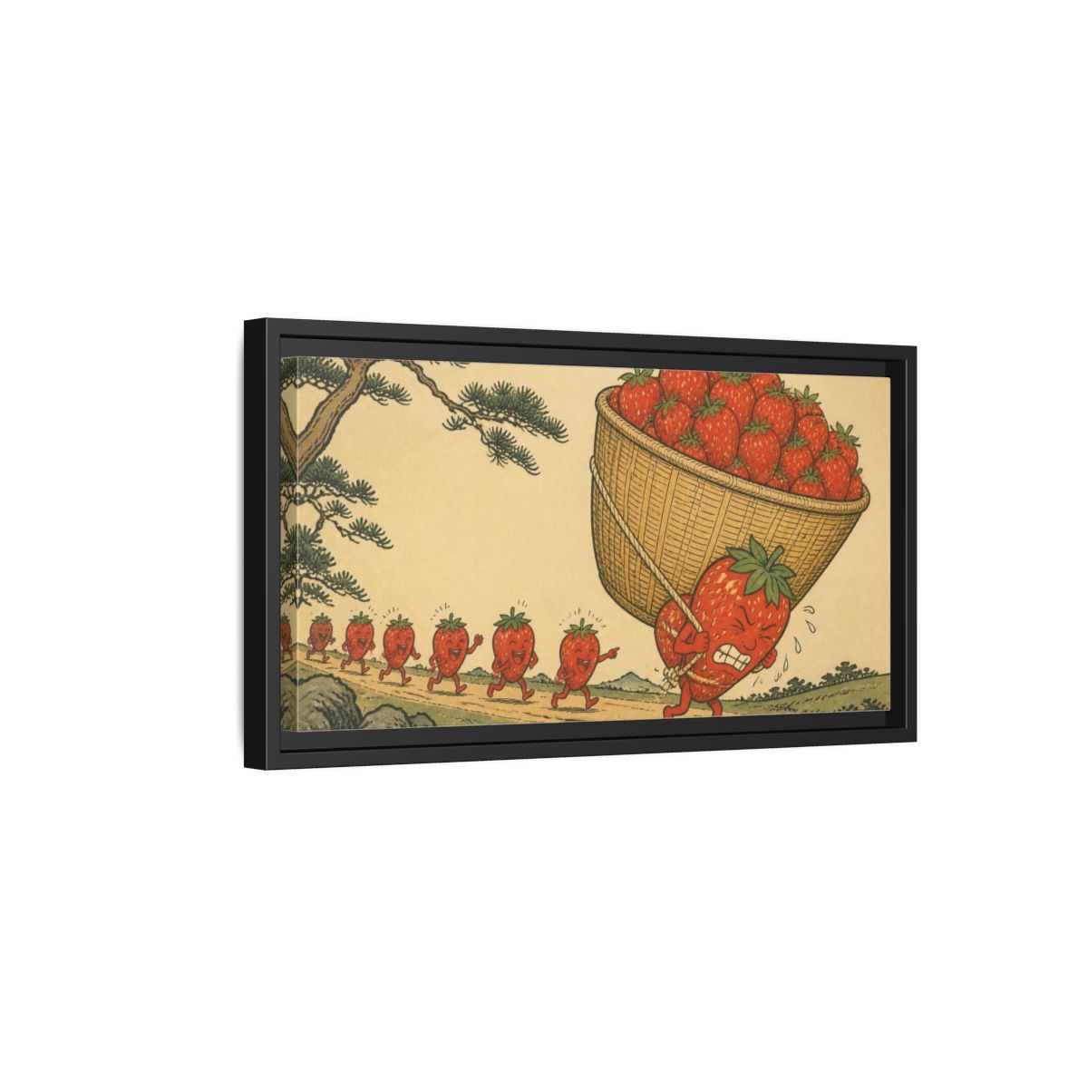 Side Mockup 8. Funny Strawberry Carrying Basket shown as framed canvas print