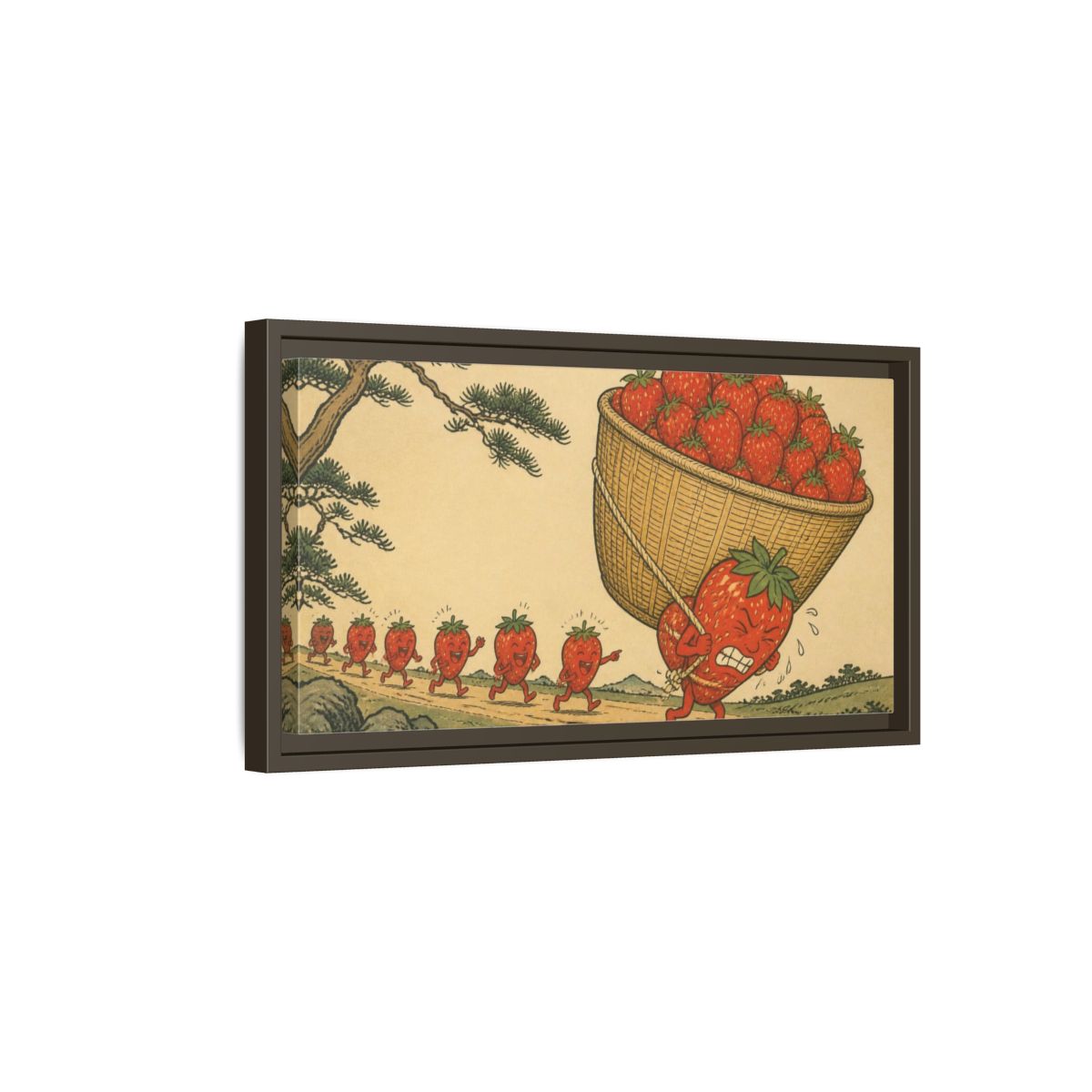 Side Mockup 7. Funny Strawberry Carrying Basket shown as framed canvas print
