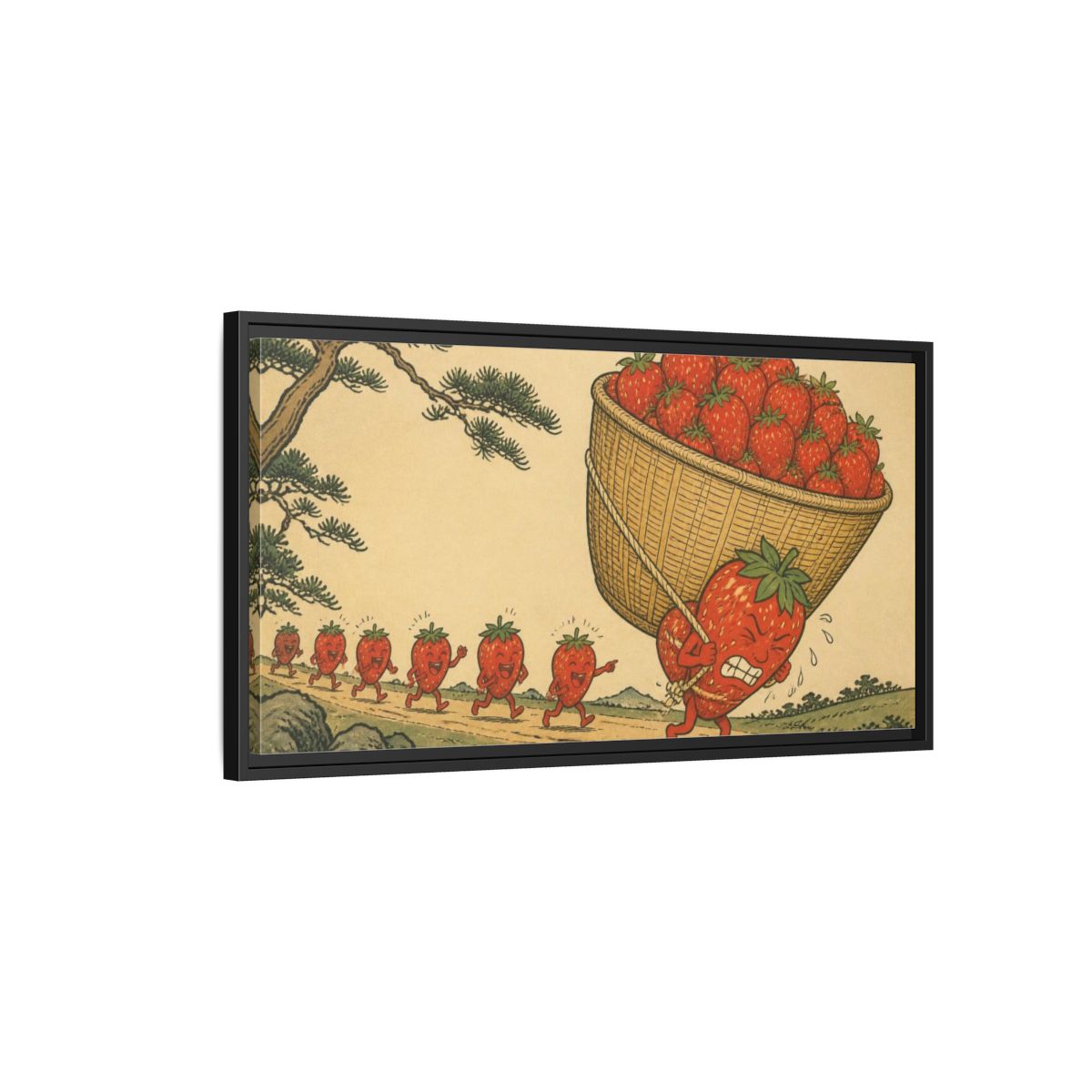 Side Mockup 2. Funny Strawberry Carrying Basket shown as framed canvas print
