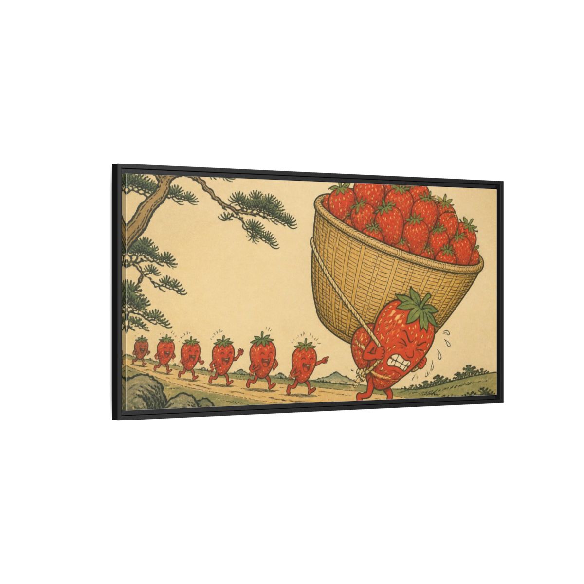 Side Mockup 5. Funny Strawberry Carrying Basket shown as framed canvas print