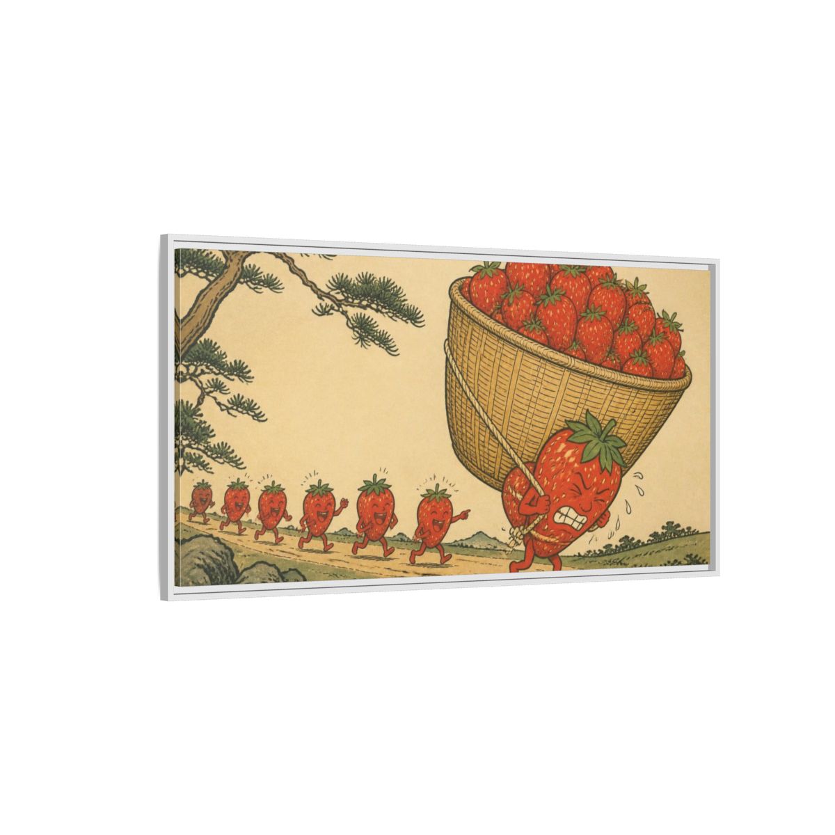Side Mockup 3. Funny Strawberry Carrying Basket shown as framed canvas print