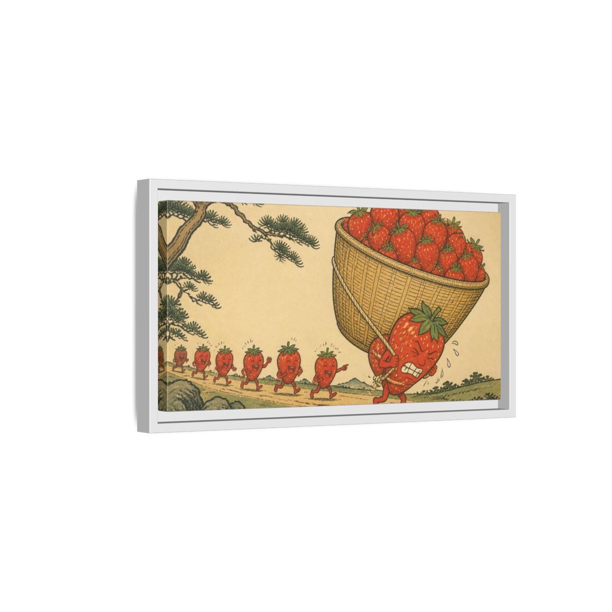 Side Mockup 6. Funny Strawberry Carrying Basket shown as framed canvas print