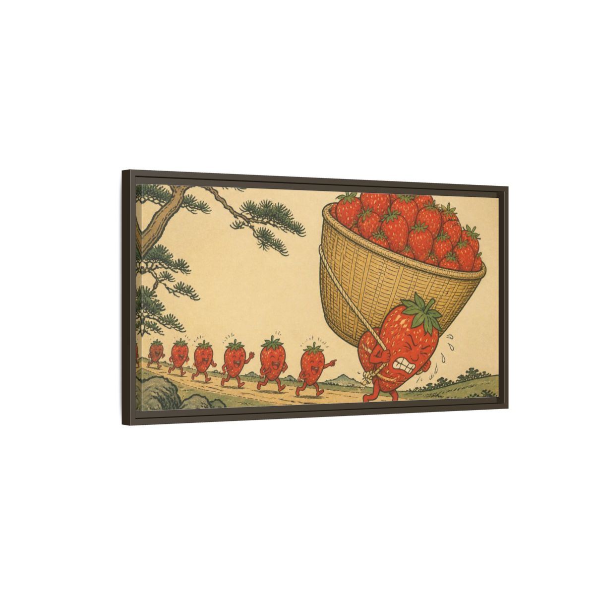 Main Mockup. Funny Strawberry Carrying Basket shown as framed canvas print