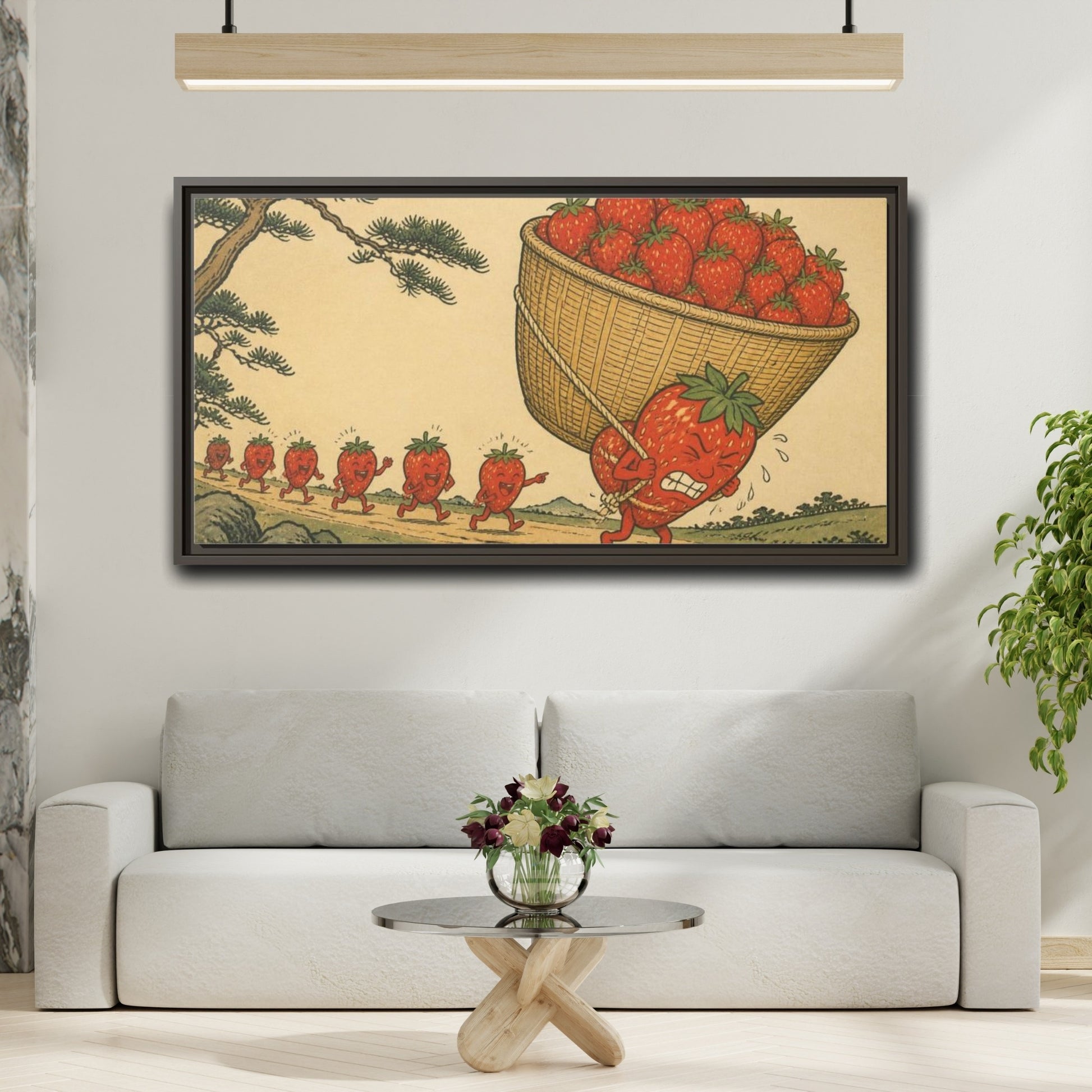 Mockup 2. Funny Strawberry Carrying Basket shown as framed canvas print