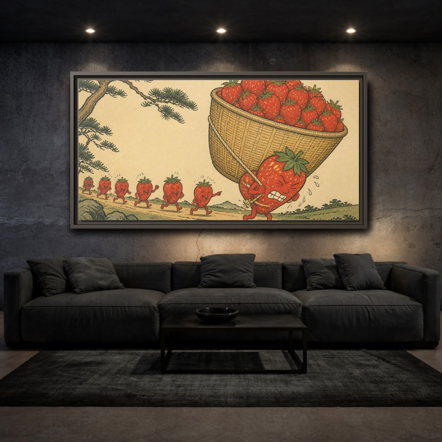 Mockup 3. Funny Strawberry Carrying Basket shown as framed canvas print