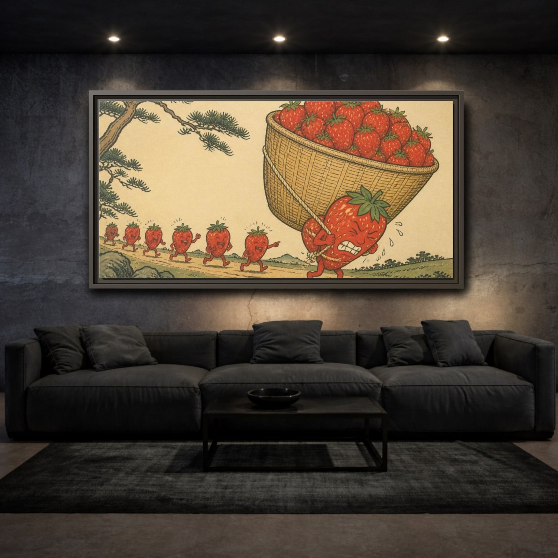 Mockup 3. Funny Strawberry Carrying Basket shown as framed canvas print