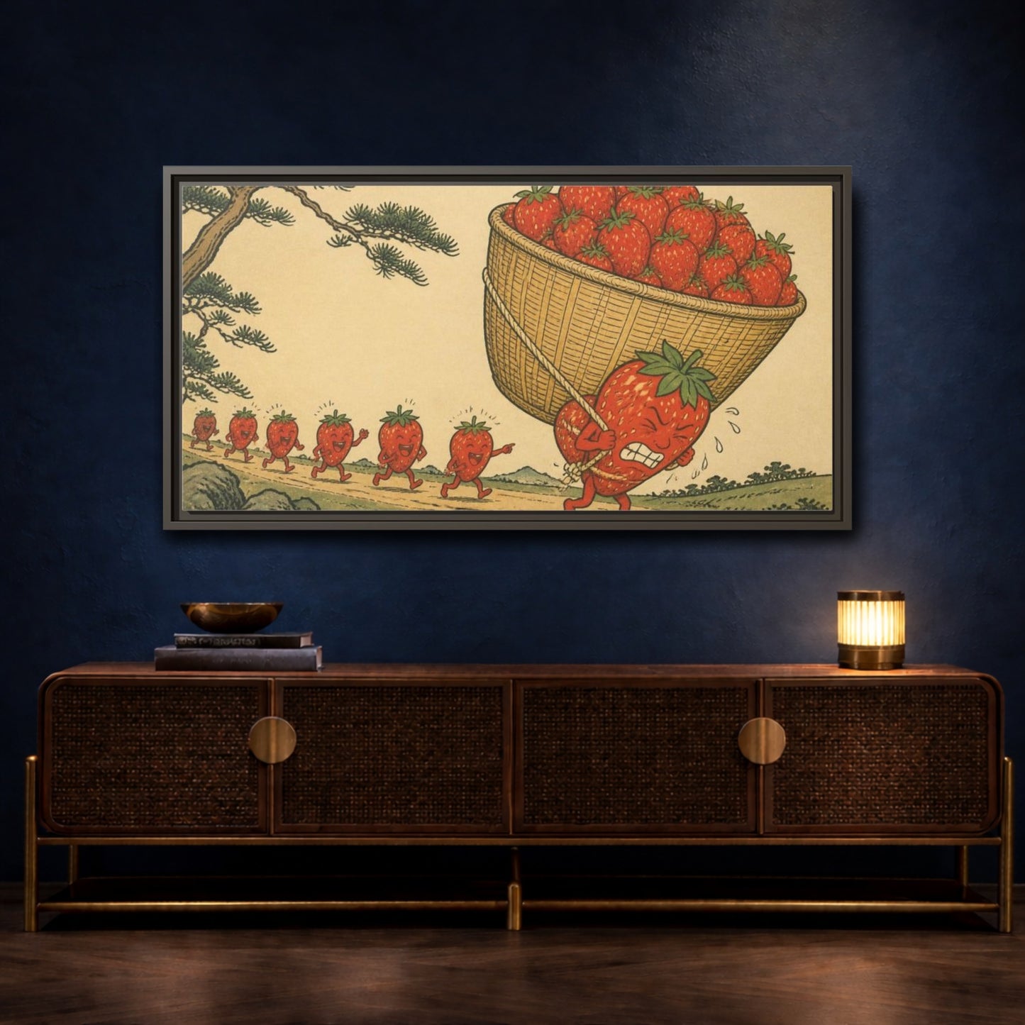 Mockup 4. Funny Strawberry Carrying Basket shown as framed canvas print