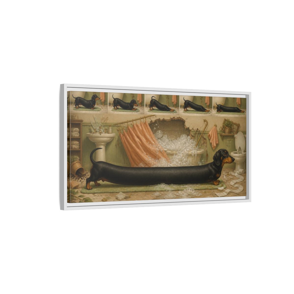 Side Mockup 1. Funny Stretching Dachshund shown as framed canvas print