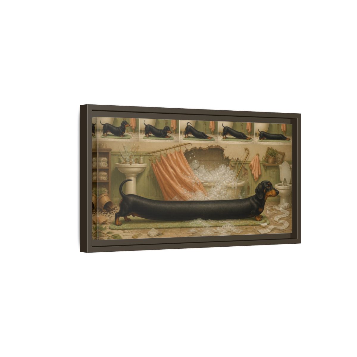 Side Mockup 7. Funny Stretching Dachshund shown as framed canvas print