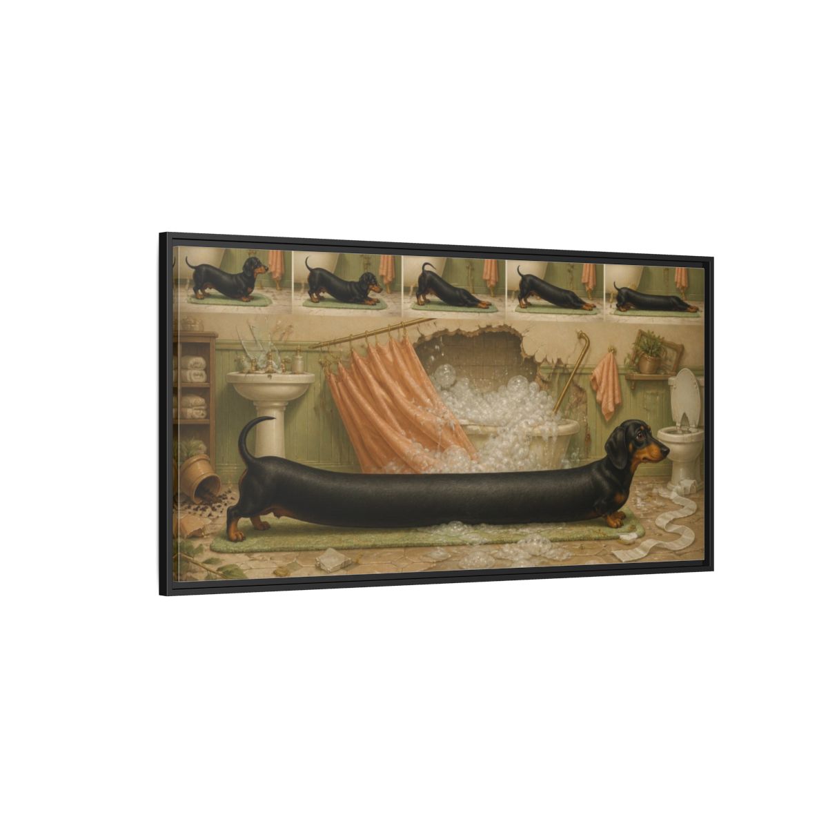 Side Mockup 5. Funny Stretching Dachshund shown as framed canvas print
