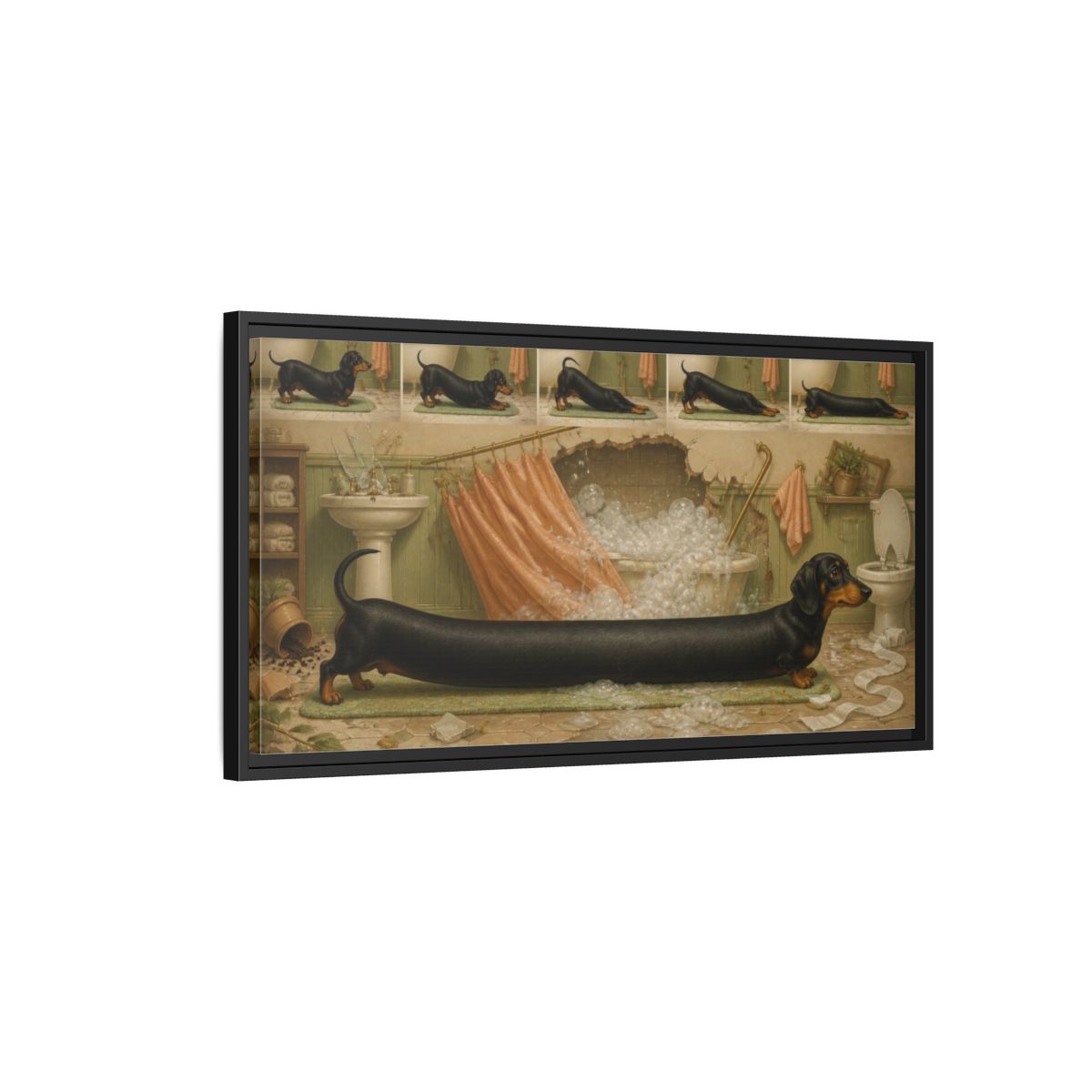 Side Mockup 2. Funny Stretching Dachshund shown as framed canvas print
