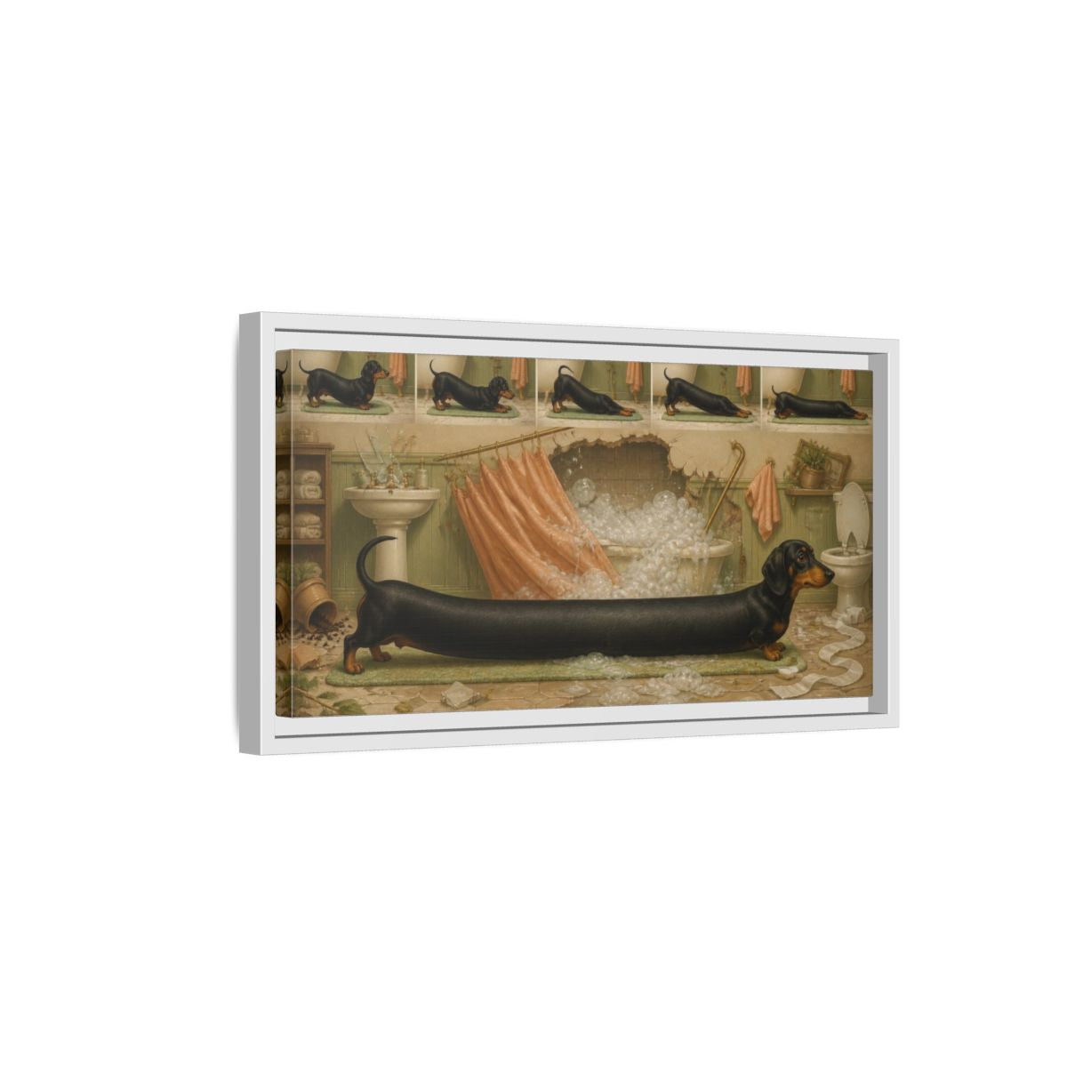 Side Mockup 6. Funny Stretching Dachshund shown as framed canvas print