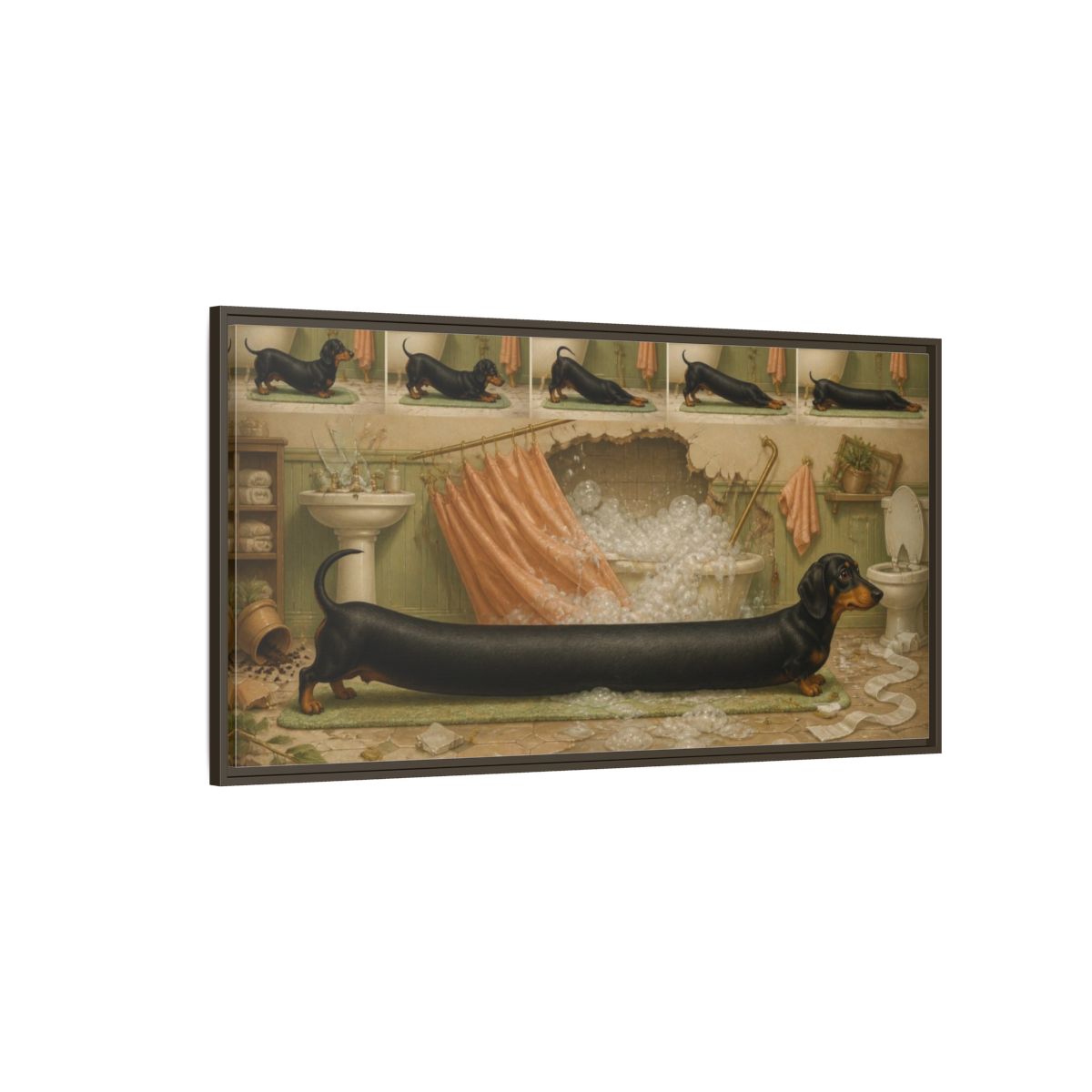 Side Mockup 4. Funny Stretching Dachshund shown as framed canvas print