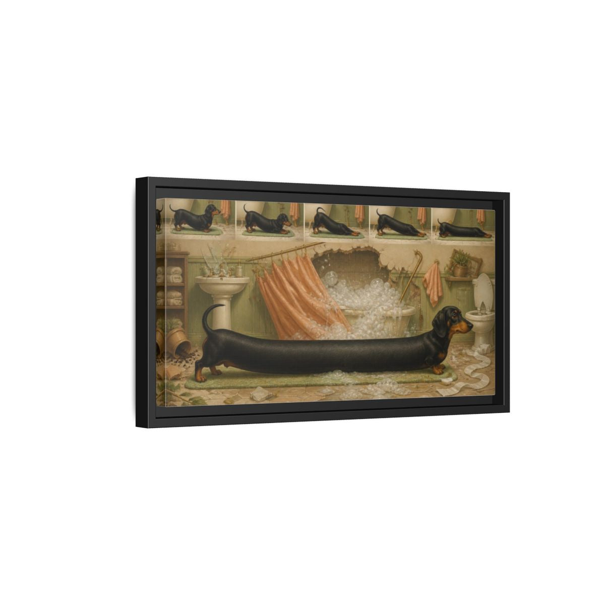 Side Mockup 8. Funny Stretching Dachshund shown as framed canvas print