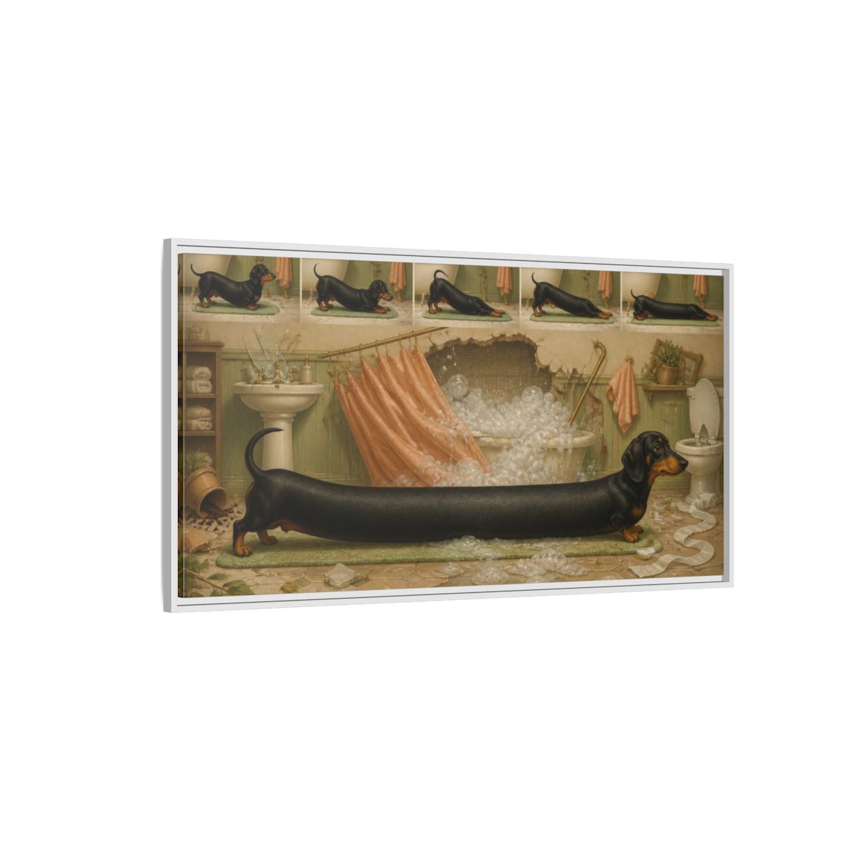 Side Mockup 3. Funny Stretching Dachshund shown as framed canvas print