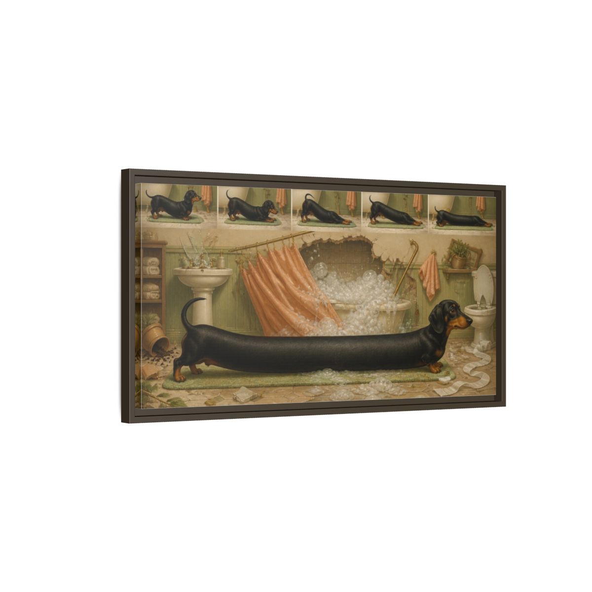 Main Mockup. Funny Stretching Dachshund shown as framed canvas print