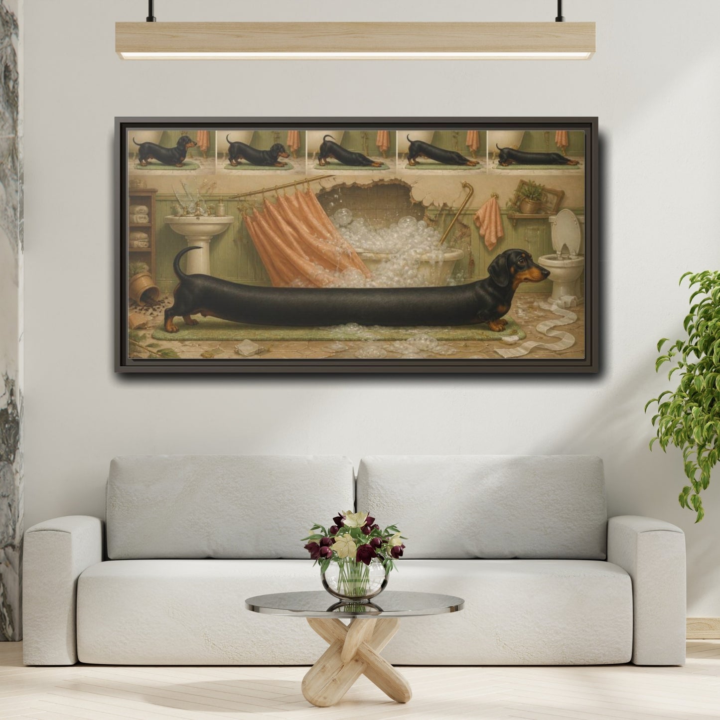 Mockup 2. Funny Stretching Dachshund shown as framed canvas print