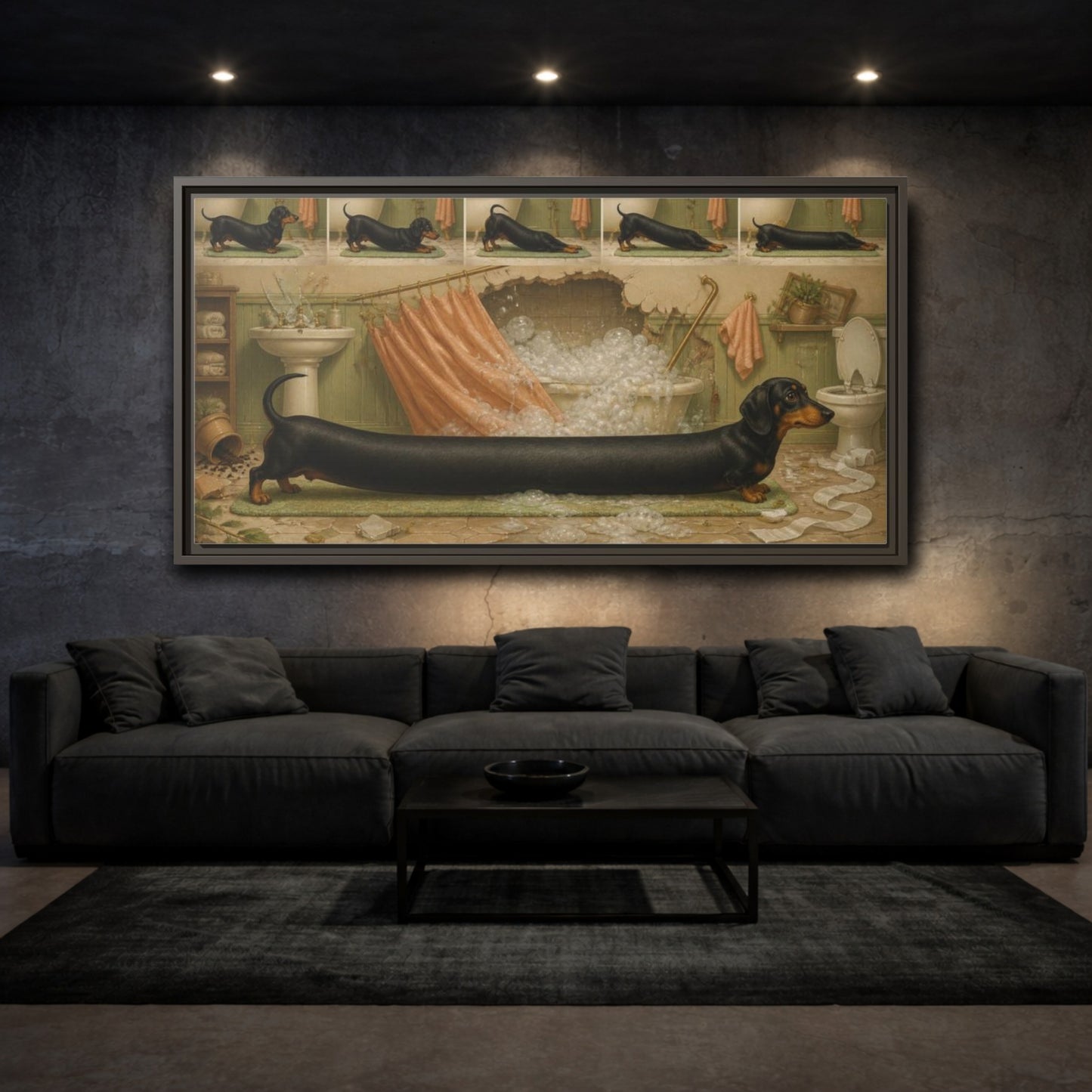 Mockup 3. Funny Stretching Dachshund shown as framed canvas print