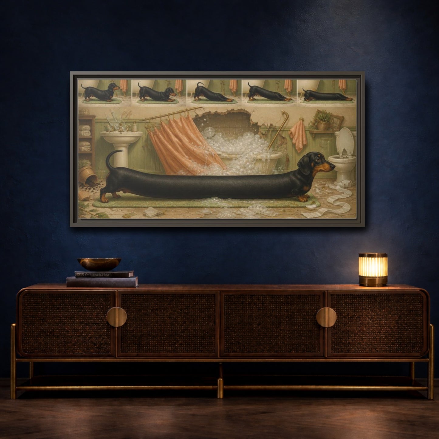 Mockup 4. Funny Stretching Dachshund shown as framed canvas print