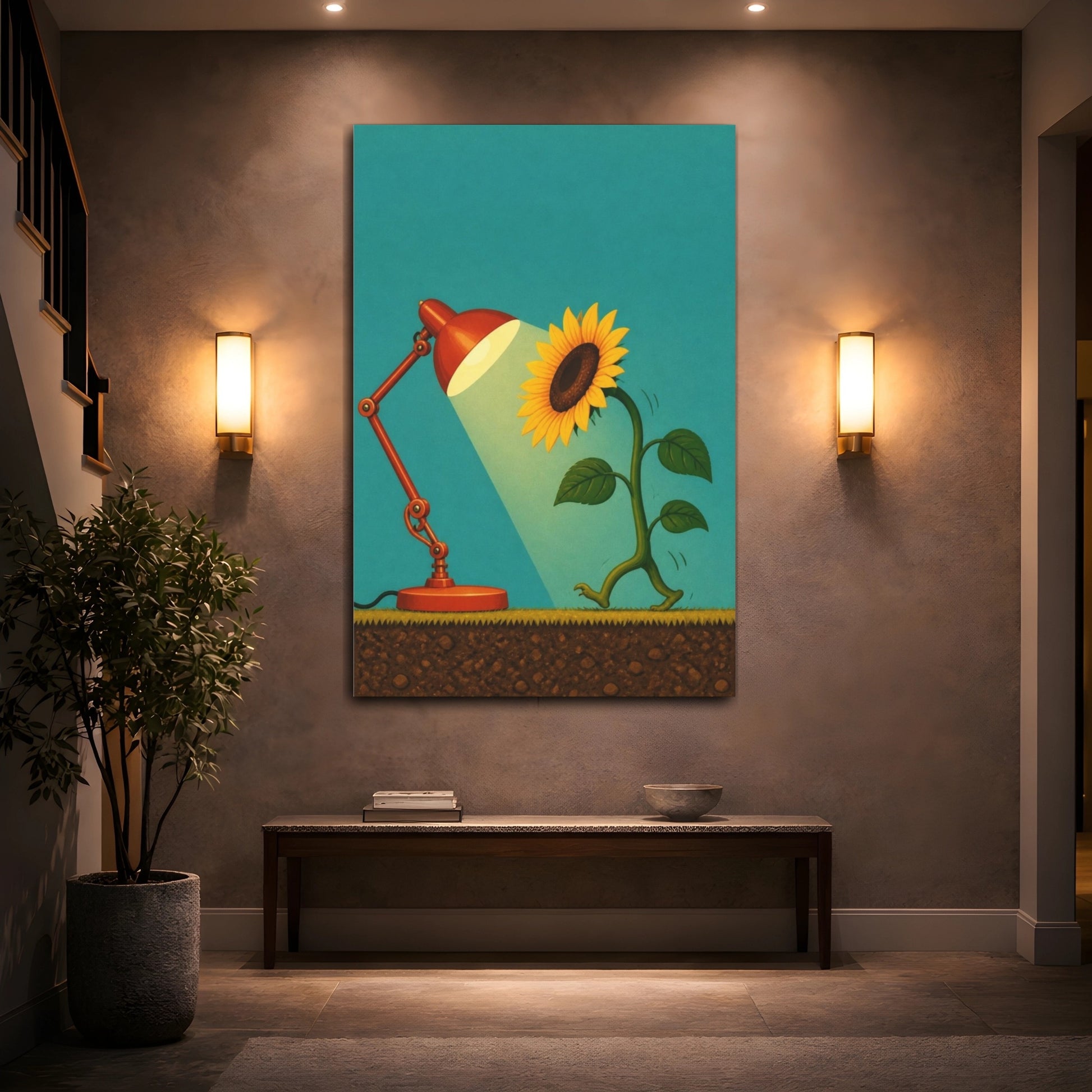 Mockup 2. Funny Sunflower And Lamp shown as canvas print