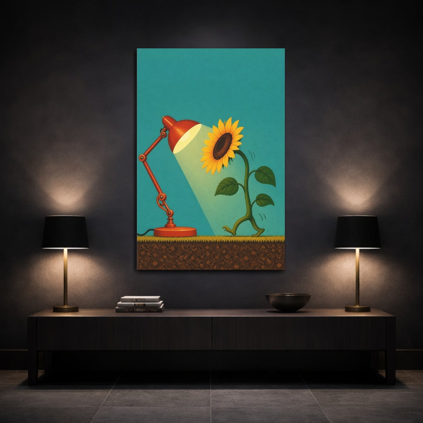 Mockup 3. Funny Sunflower And Lamp shown as canvas print