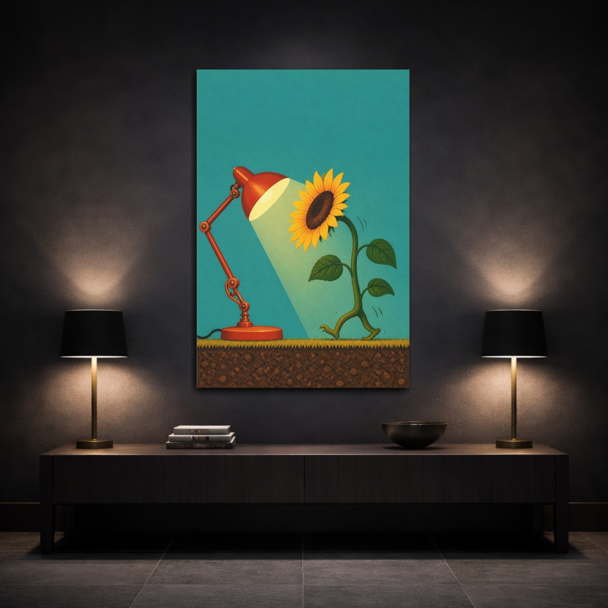 Mockup 3. Funny Sunflower And Lamp shown as canvas print