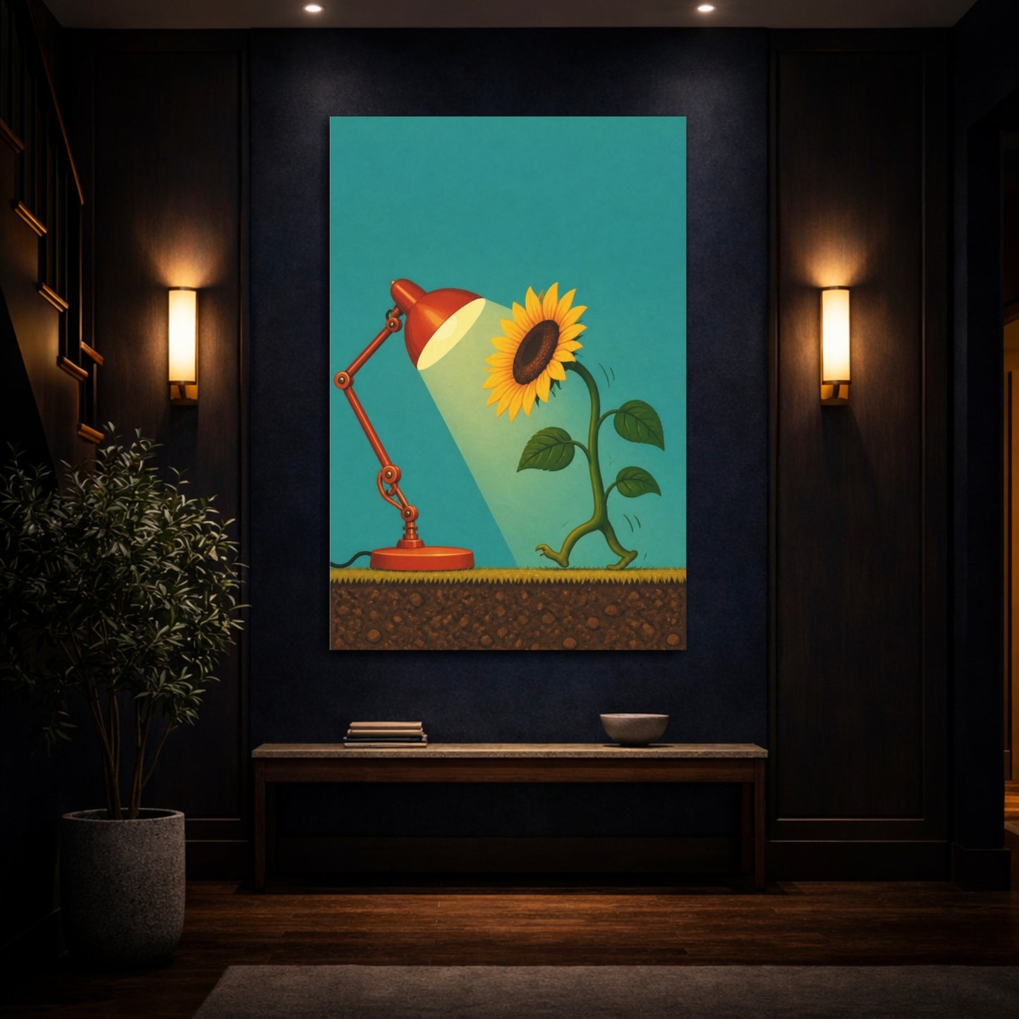 Mockup 4. Funny Sunflower And Lamp shown as canvas print