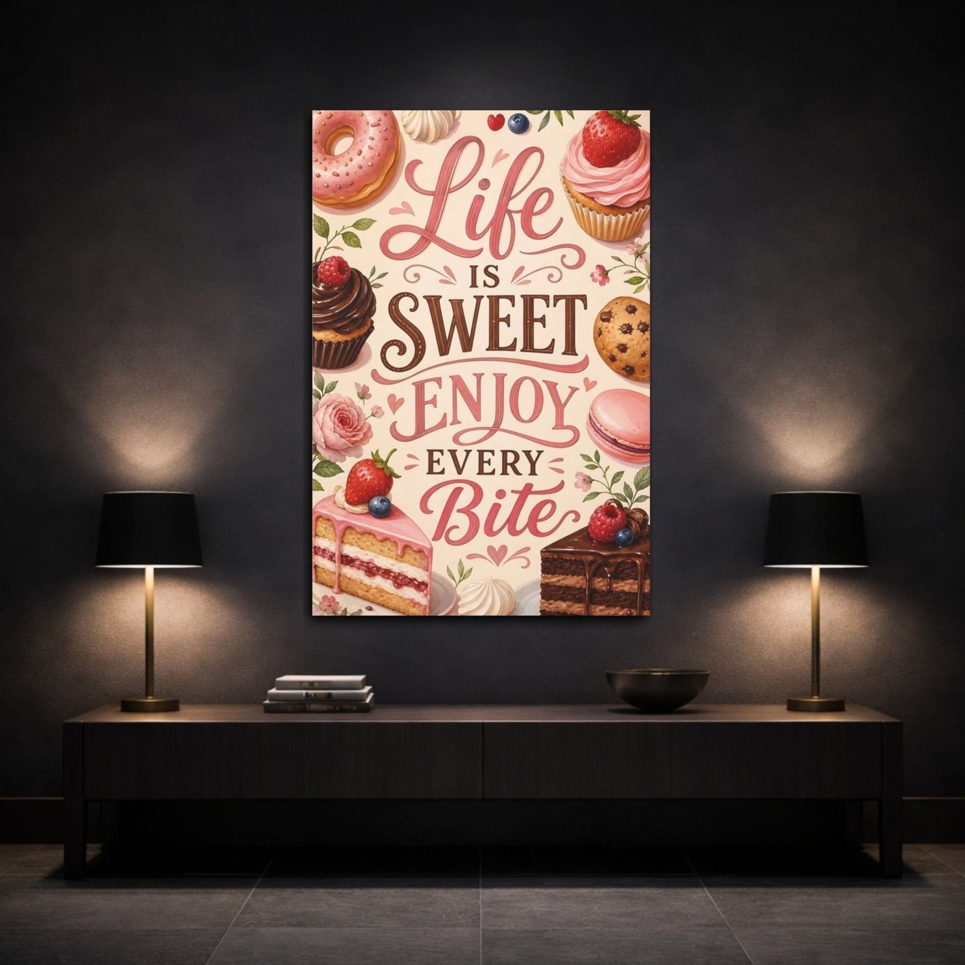 Funny Sweet Treats Pink Desserts Canvas Print – Kitchen, Dining Area Wall - YesArtYes