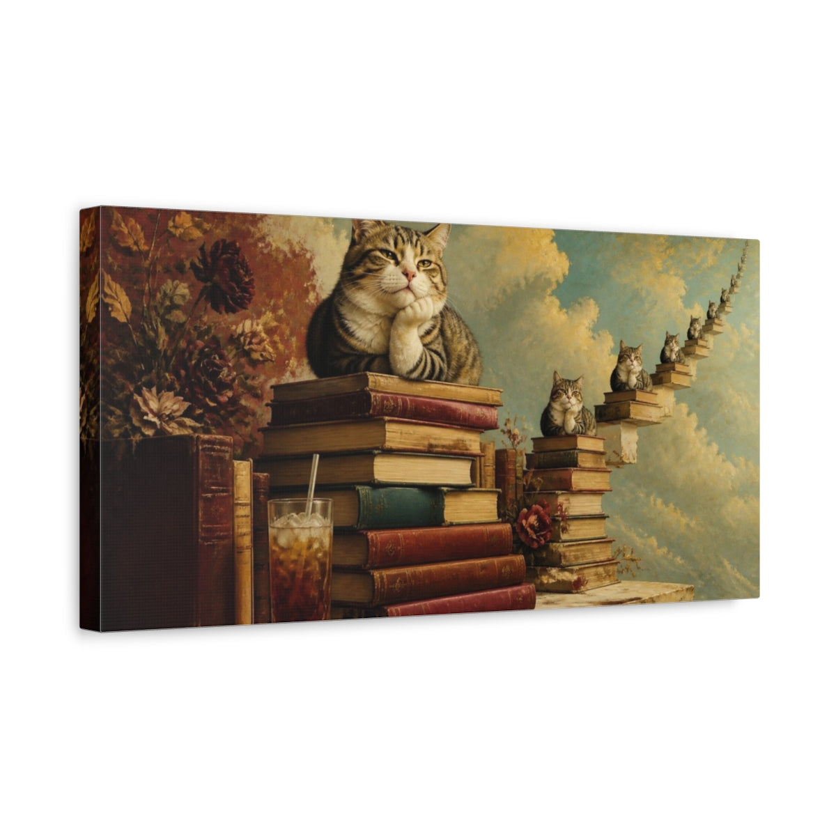 Side Mockup 3. Funny Tabby Cat On Books shown as canvas print
