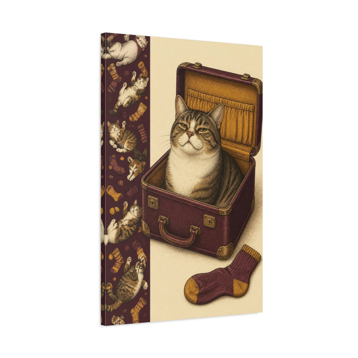 Main Mockup. Funny Tabby In Suitcase shown as canvas print