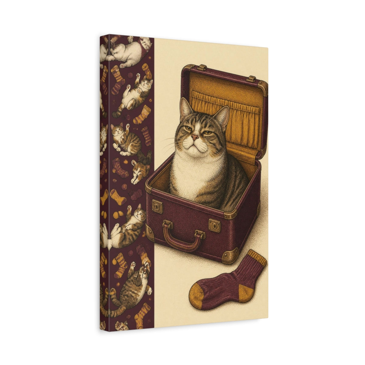 Side Mockup 4. Funny Tabby In Suitcase shown as canvas print