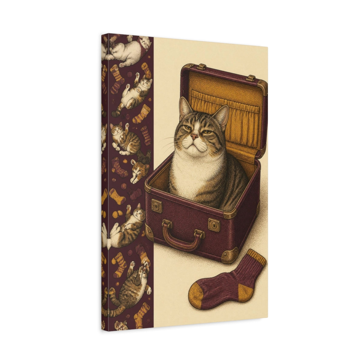 Side Mockup 3. Funny Tabby In Suitcase shown as canvas print