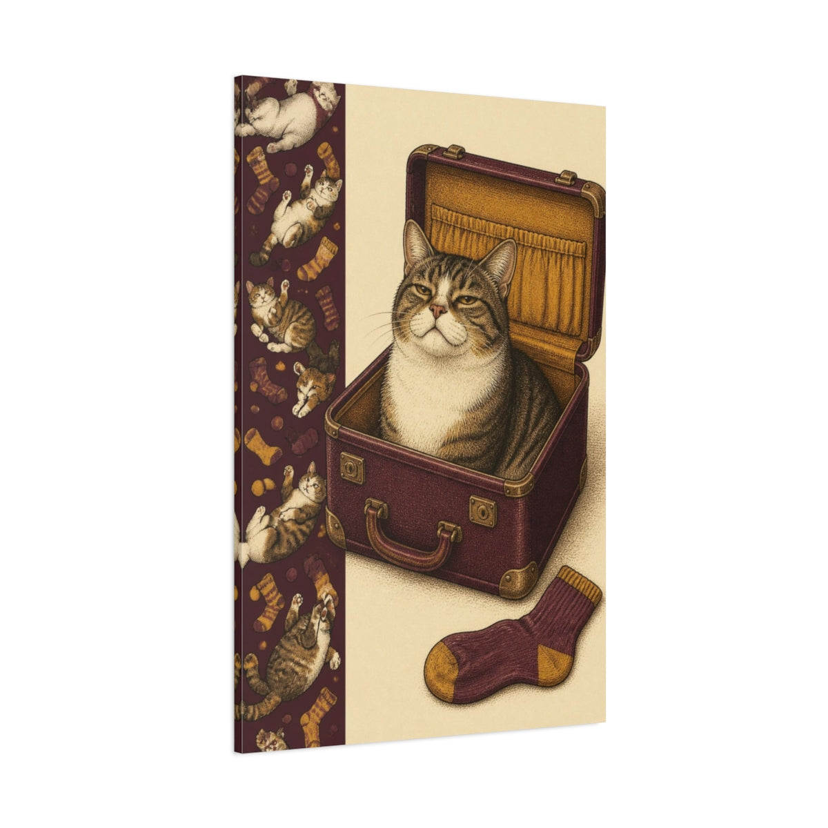 Side Mockup 1. Funny Tabby In Suitcase shown as canvas print
