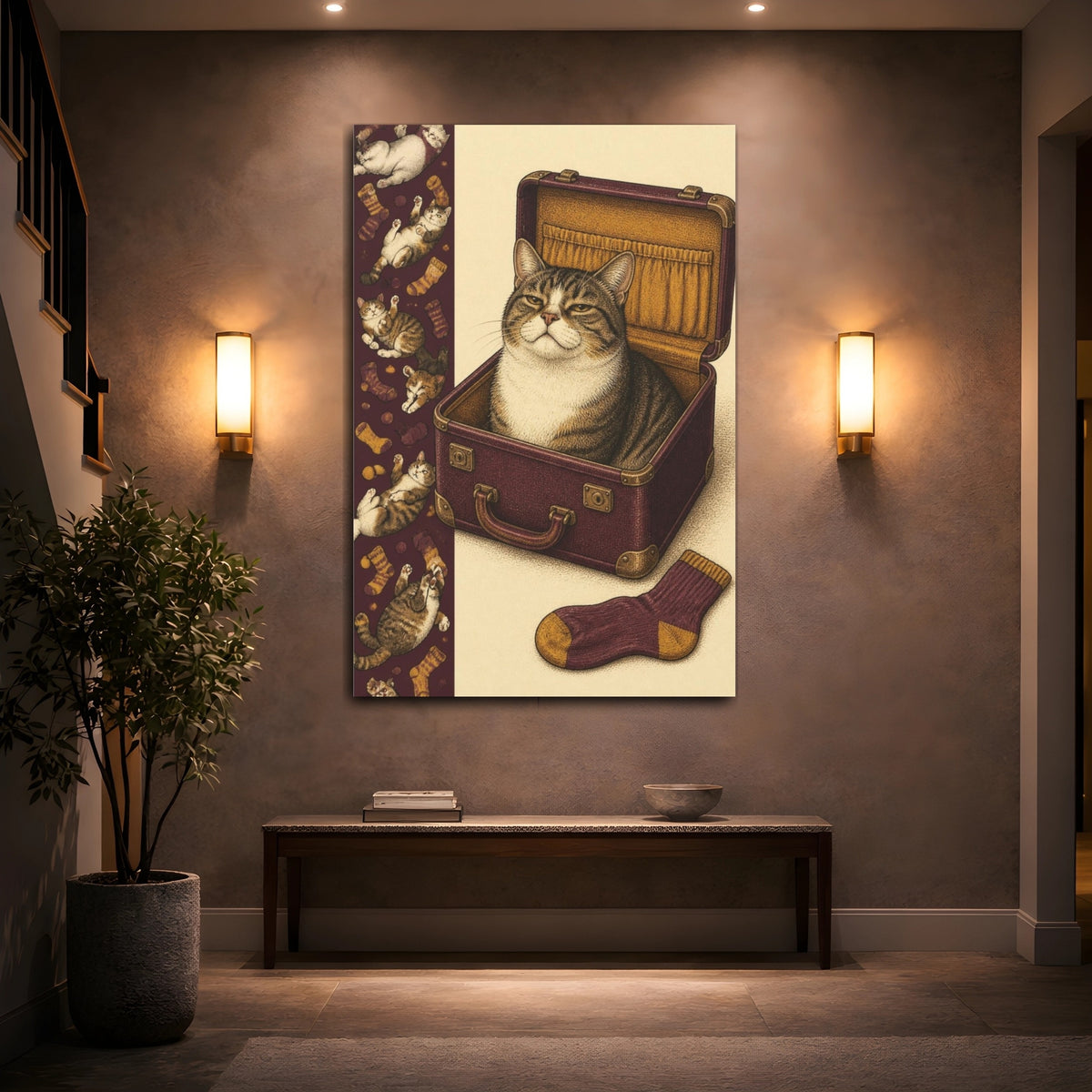 Mockup 2. Funny Tabby In Suitcase shown as canvas print