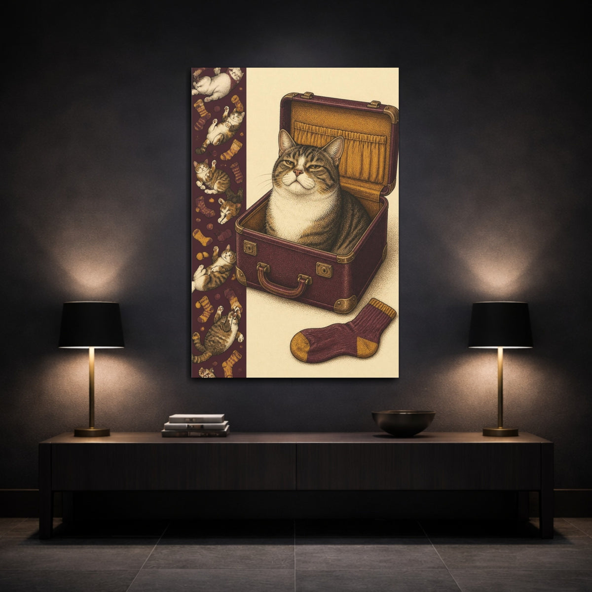 Mockup 3. Funny Tabby In Suitcase shown as canvas print