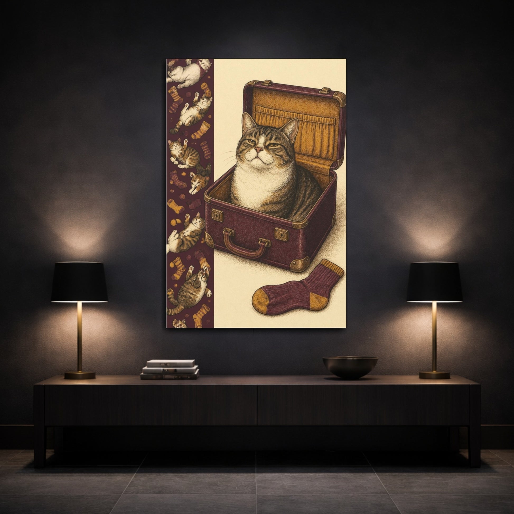Mockup 3. Funny Tabby In Suitcase shown as canvas print