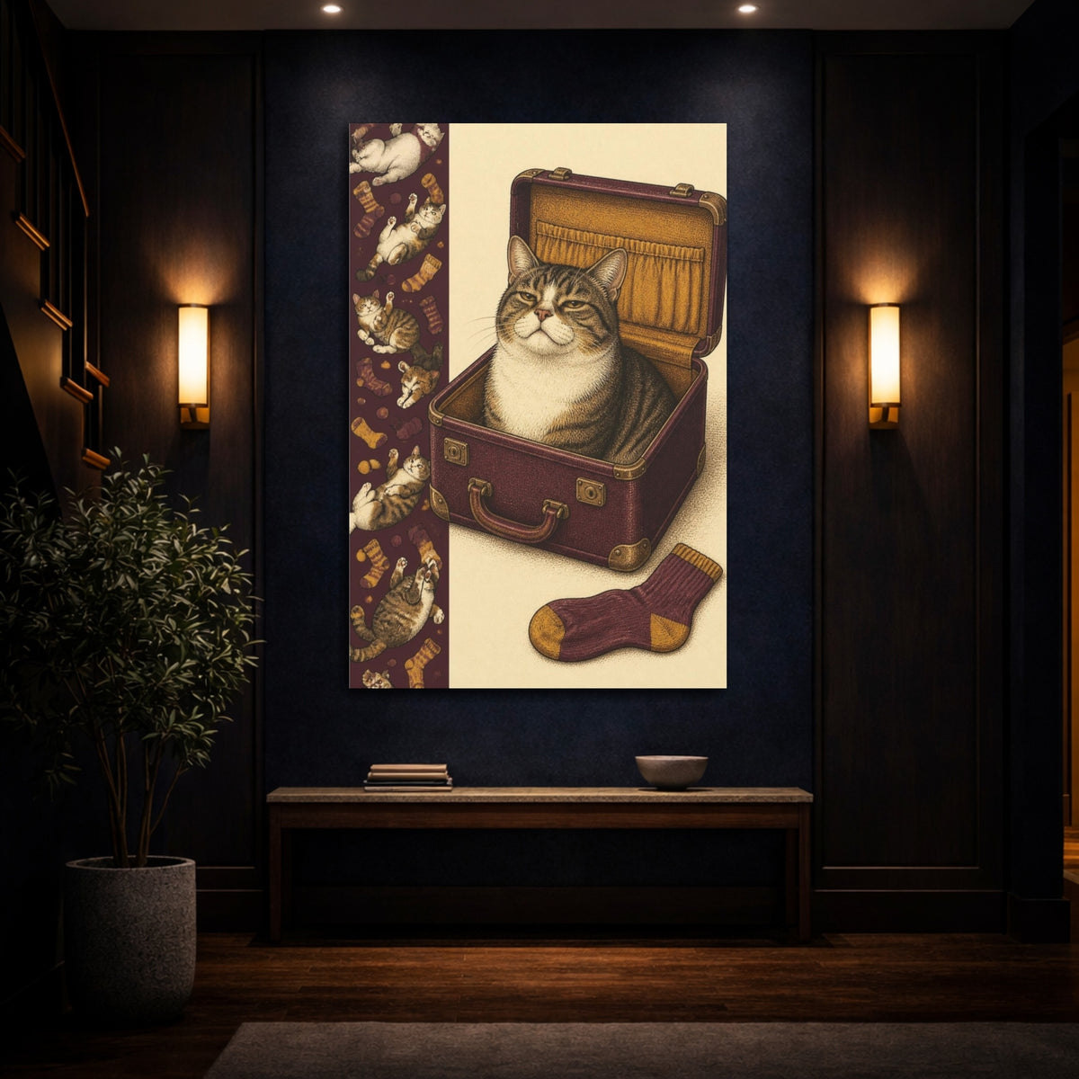 Mockup 4. Funny Tabby In Suitcase shown as canvas print