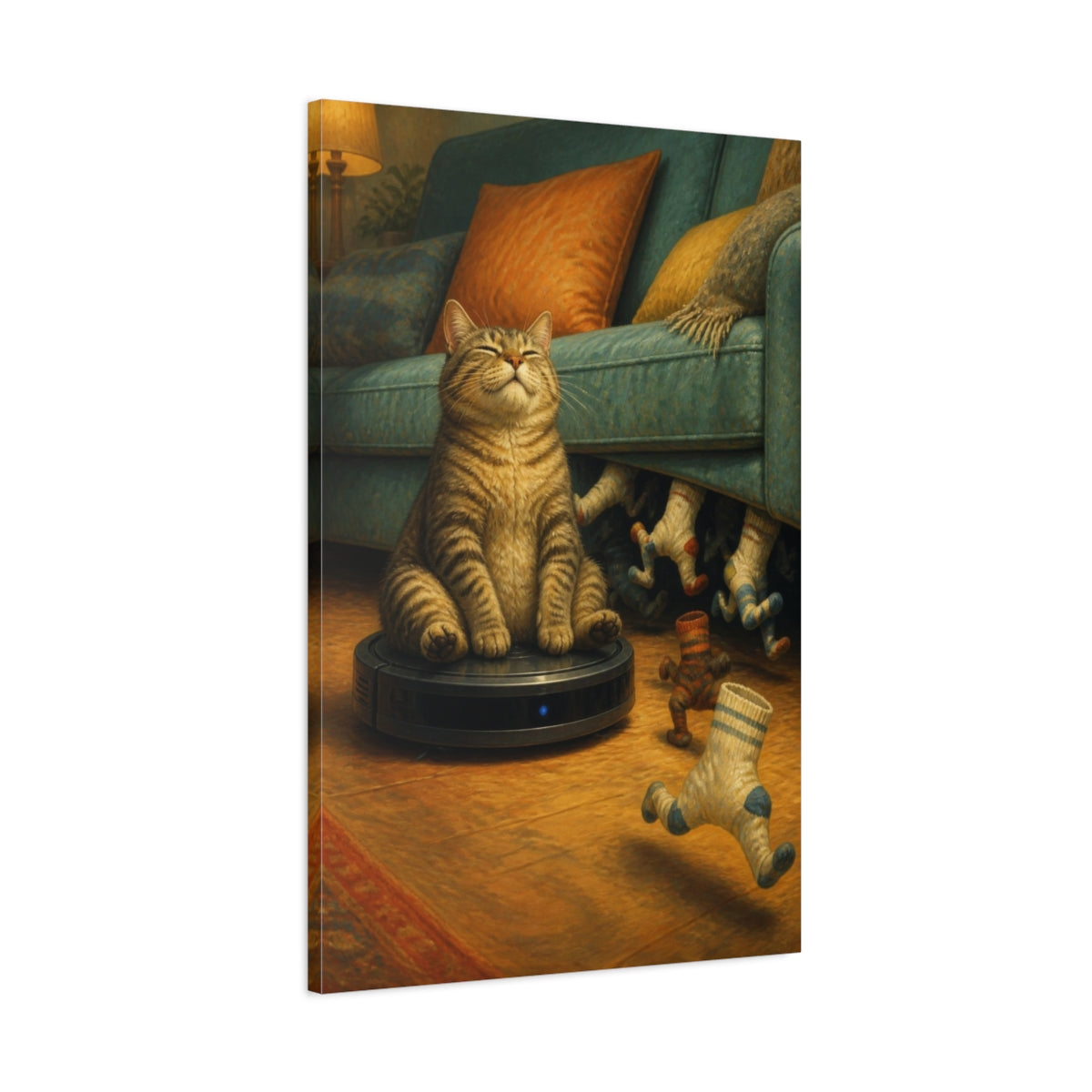 Main Mockup. Funny Tabby On Vacuum shown as canvas print