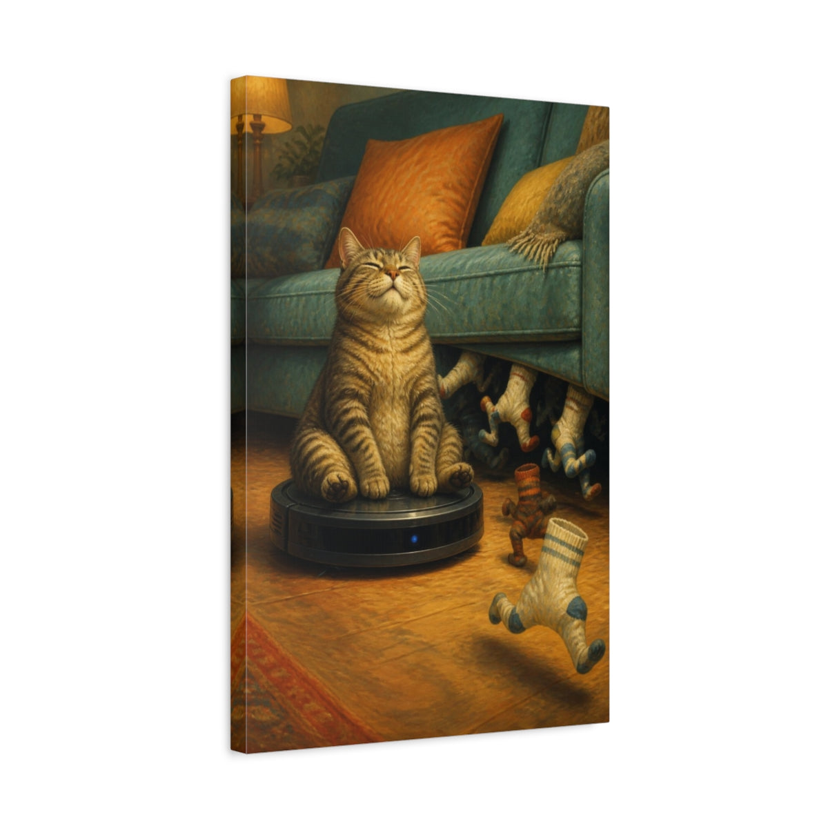 Side Mockup 3. Funny Tabby On Vacuum shown as canvas print