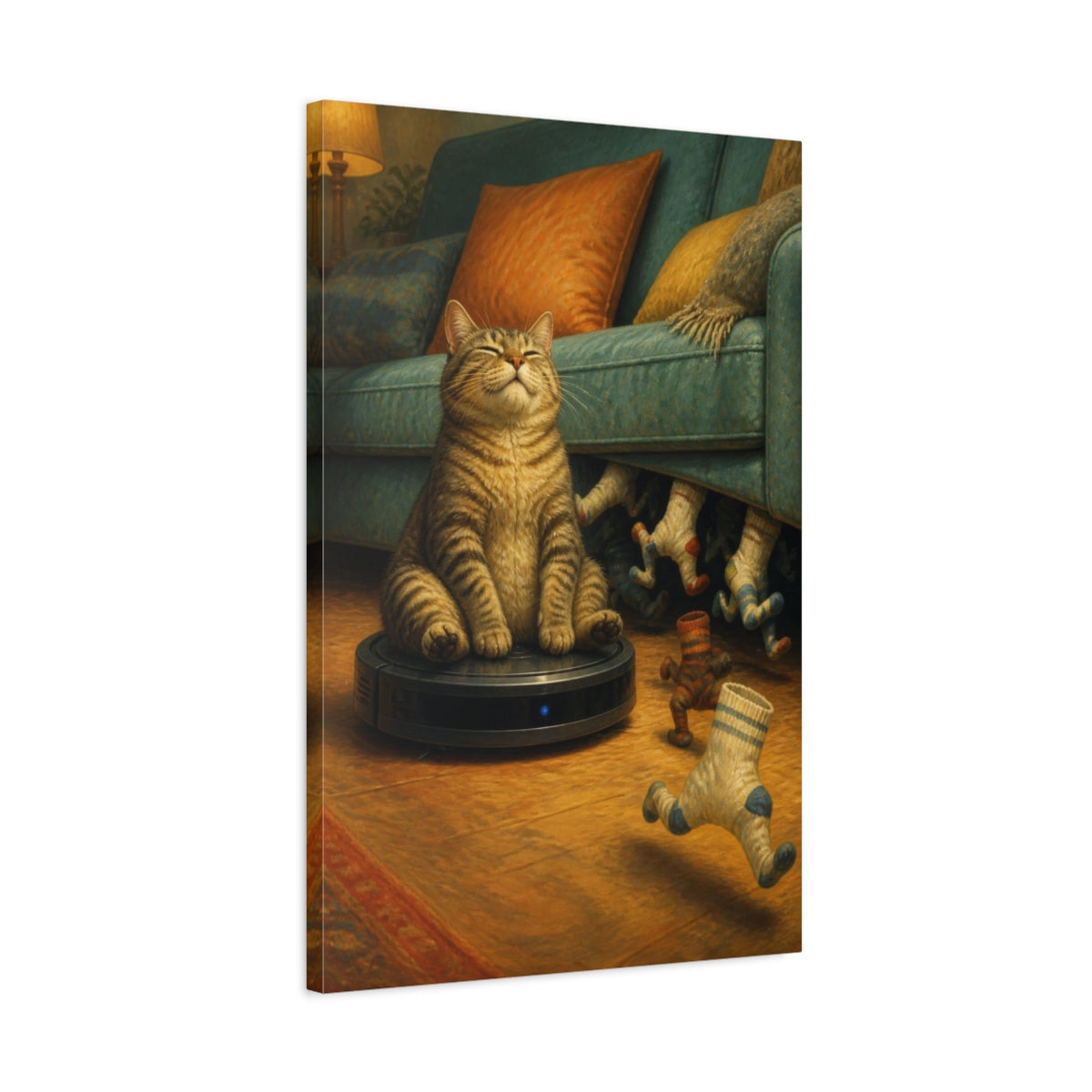 Side Mockup 2. Funny Tabby On Vacuum shown as canvas print