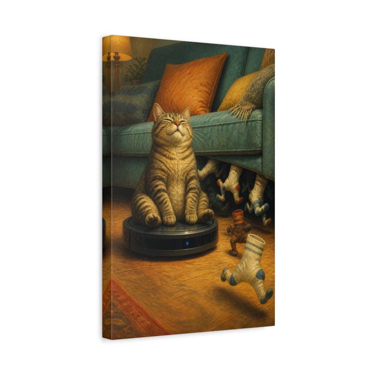 Side Mockup 4. Funny Tabby On Vacuum shown as canvas print