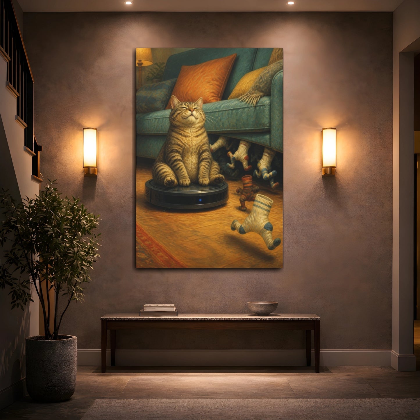 Mockup 2. Funny Tabby On Vacuum shown as canvas print