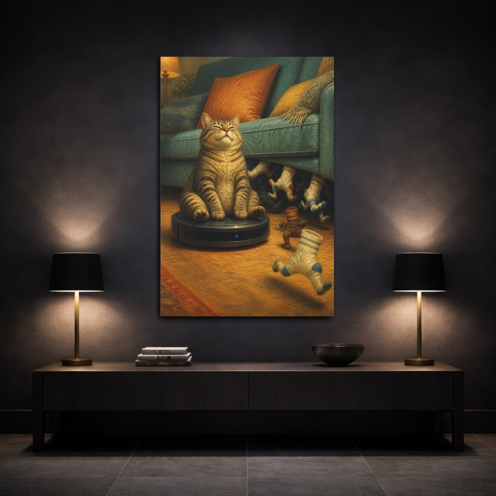 Mockup 3. Funny Tabby On Vacuum shown as canvas print