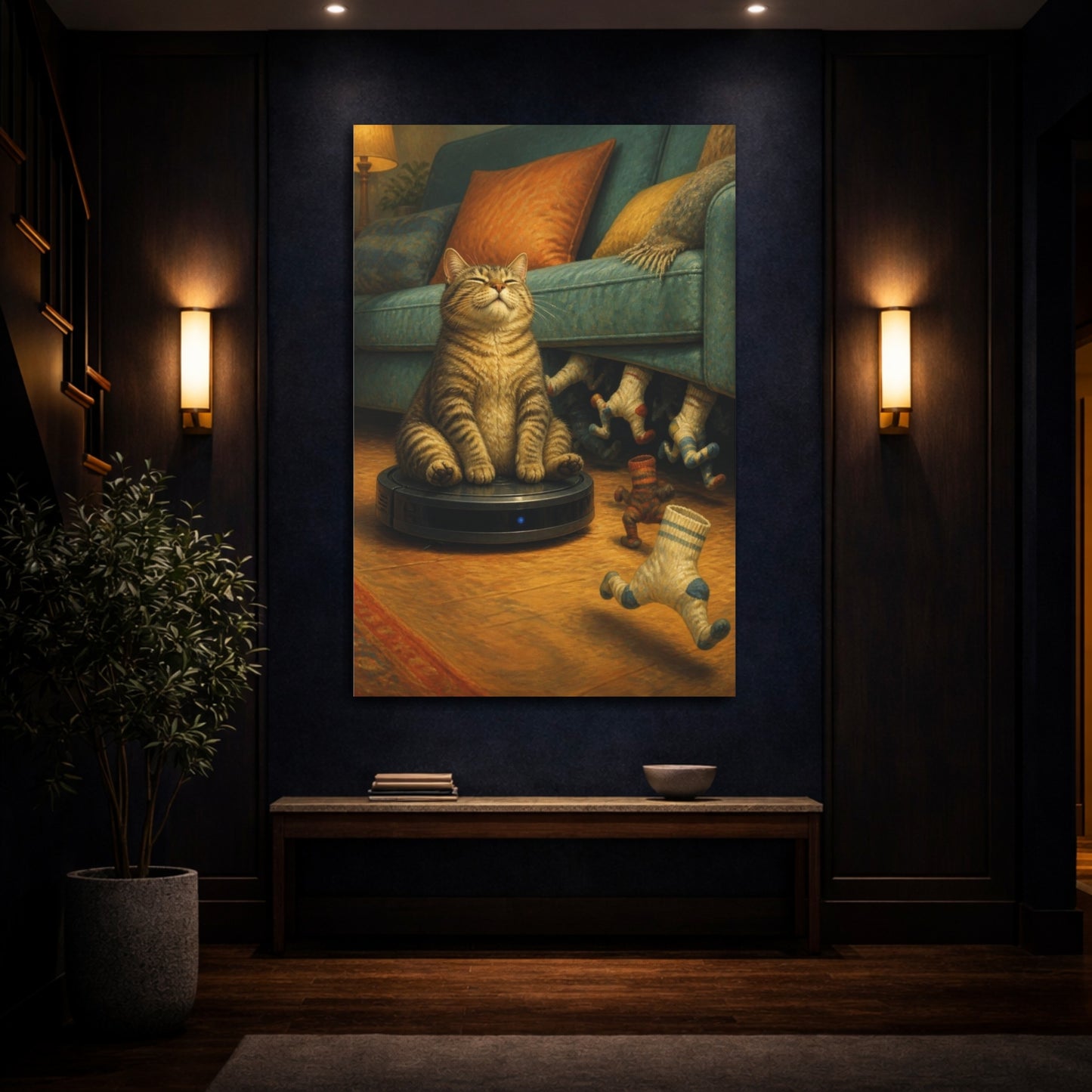Mockup 4. Funny Tabby On Vacuum shown as canvas print