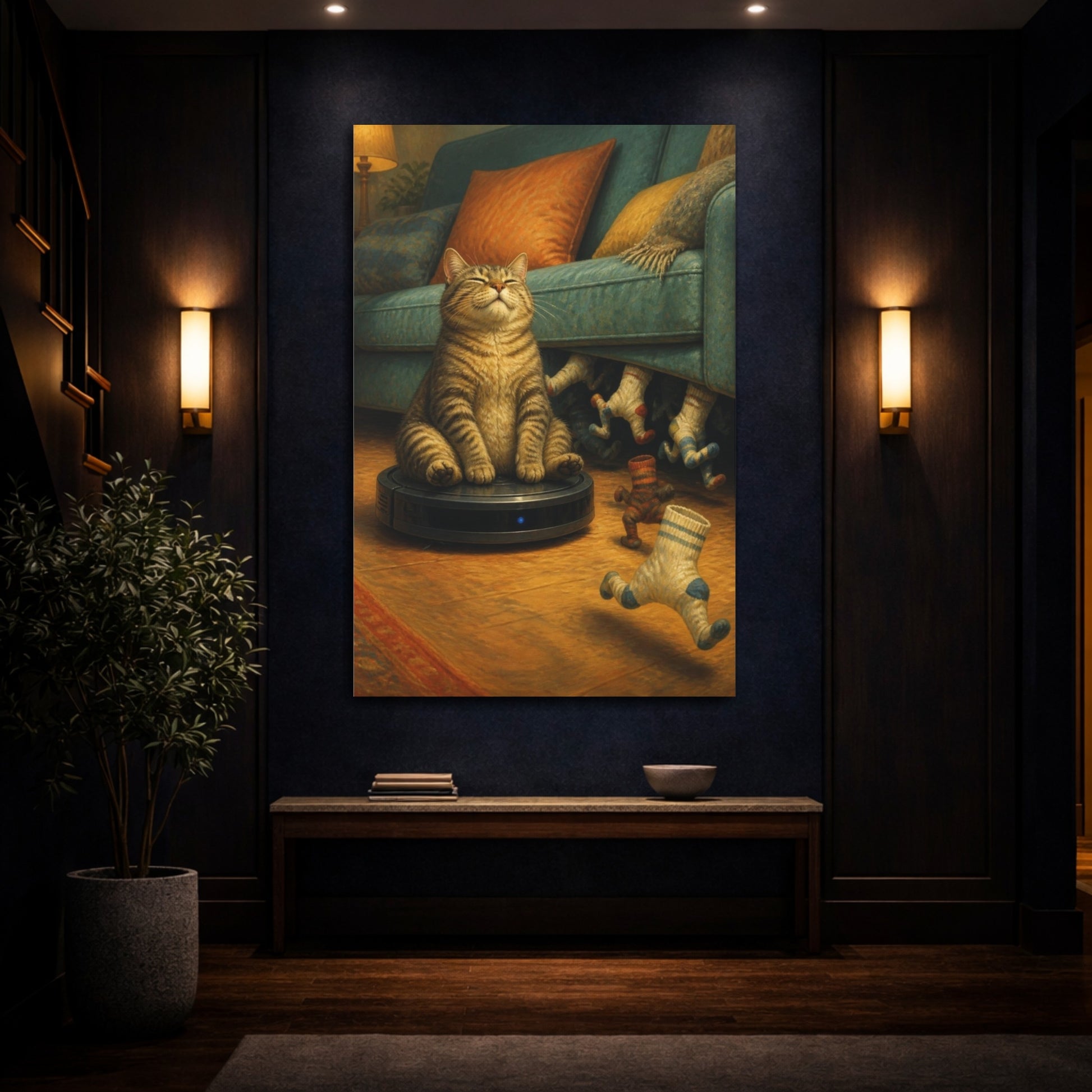 Mockup 4. Funny Tabby On Vacuum shown as canvas print