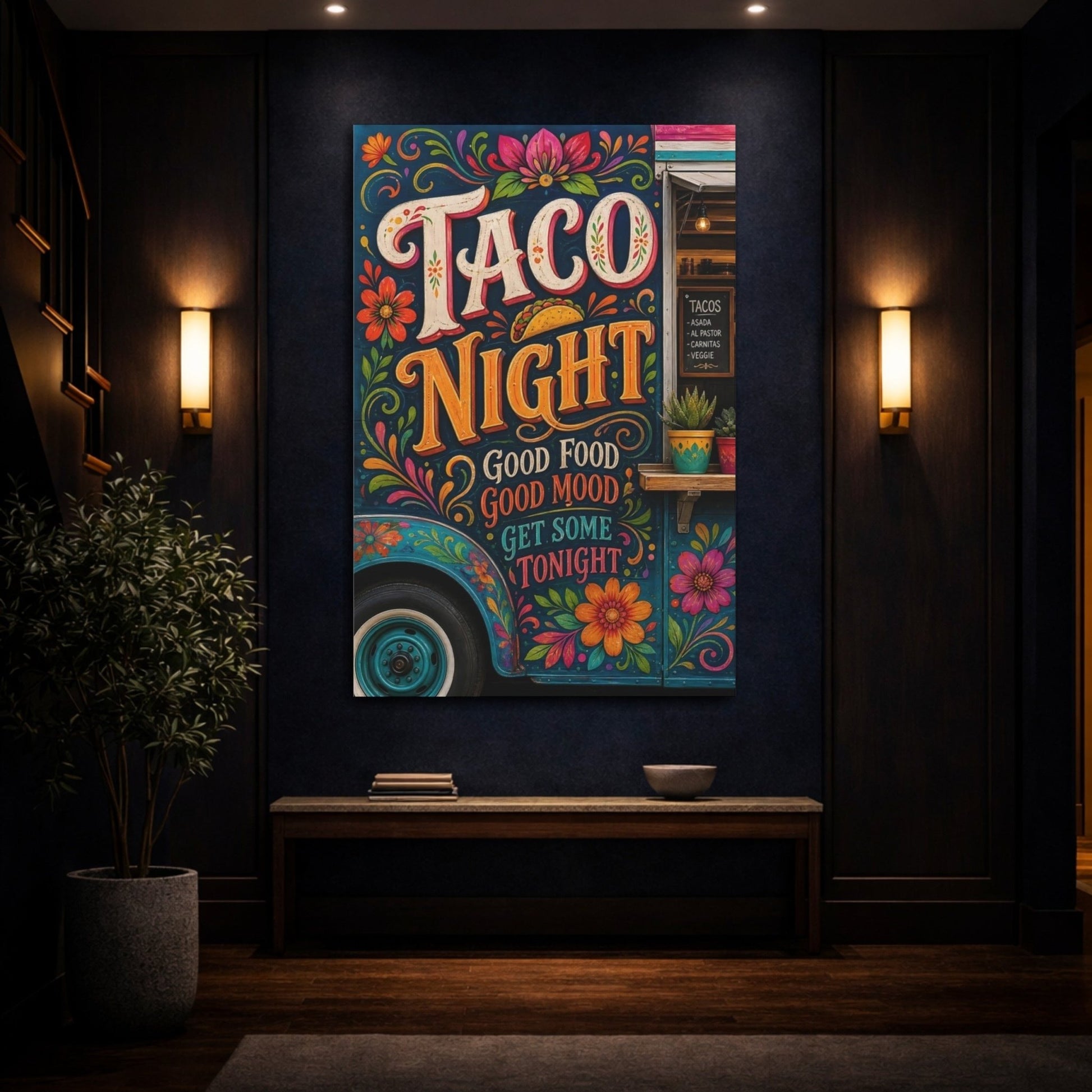 Funny Taco Night Colorful Canvas Print – Folk Art Kitchen, Dining Area Wall - YesArtYes