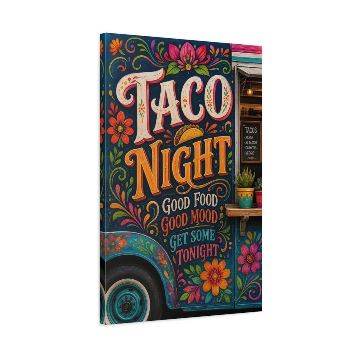 Funny Taco Night Colorful Canvas Print – Folk Art Kitchen, Dining Area Wall - YesArtYes