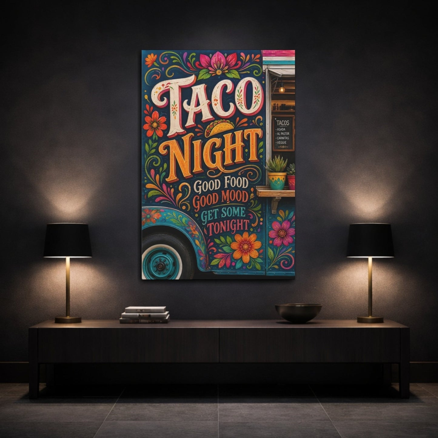 Funny Taco Night Colorful Canvas Print – Folk Art Kitchen, Dining Area Wall - YesArtYes