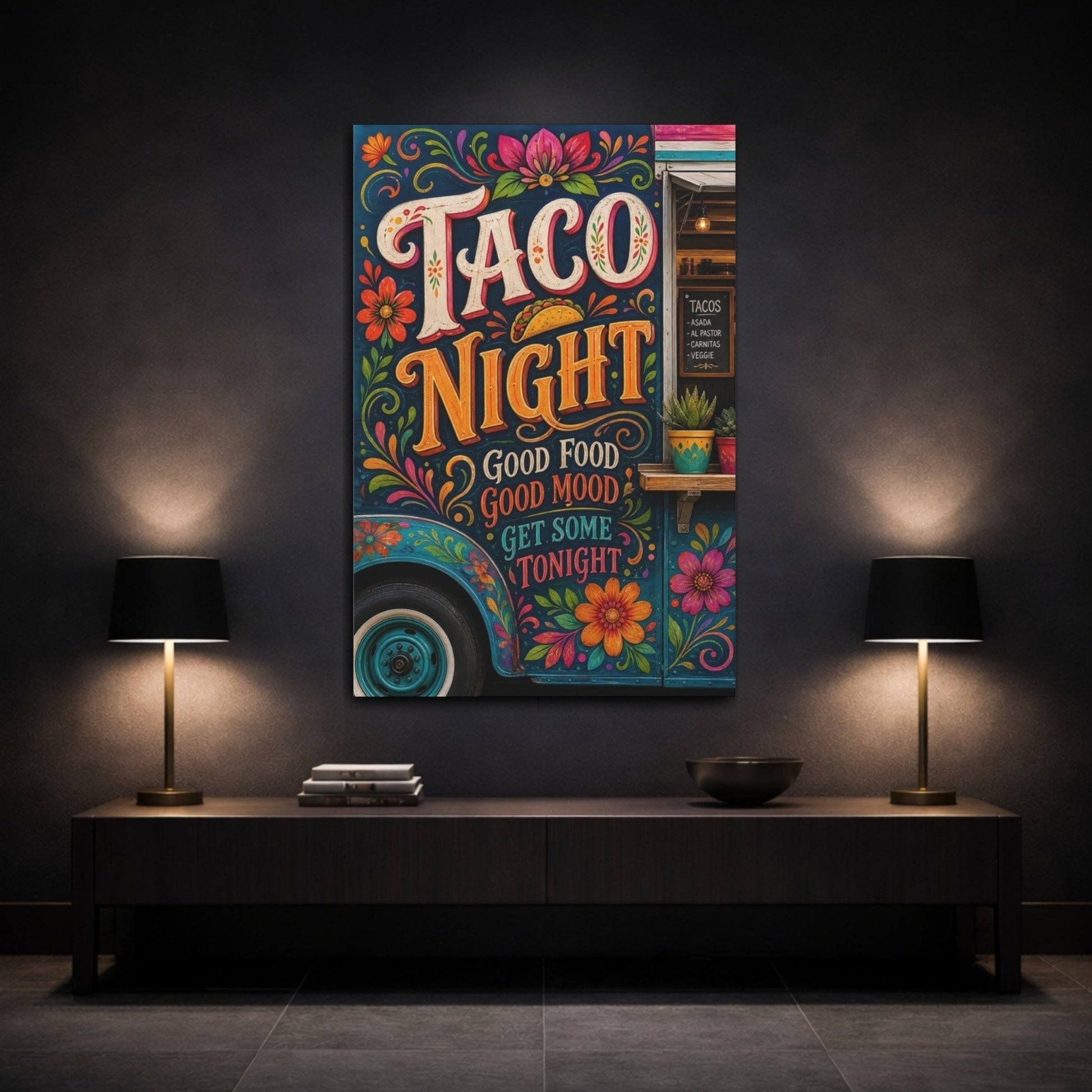 Funny Taco Night Colorful Canvas Print – Folk Art Kitchen, Dining Area Wall - YesArtYes