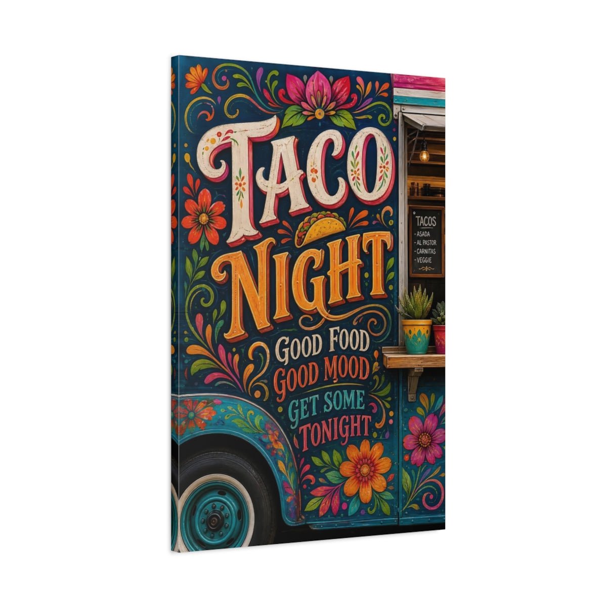Funny Taco Night Colorful Canvas Print – Folk Art Kitchen, Dining Area Wall - YesArtYes